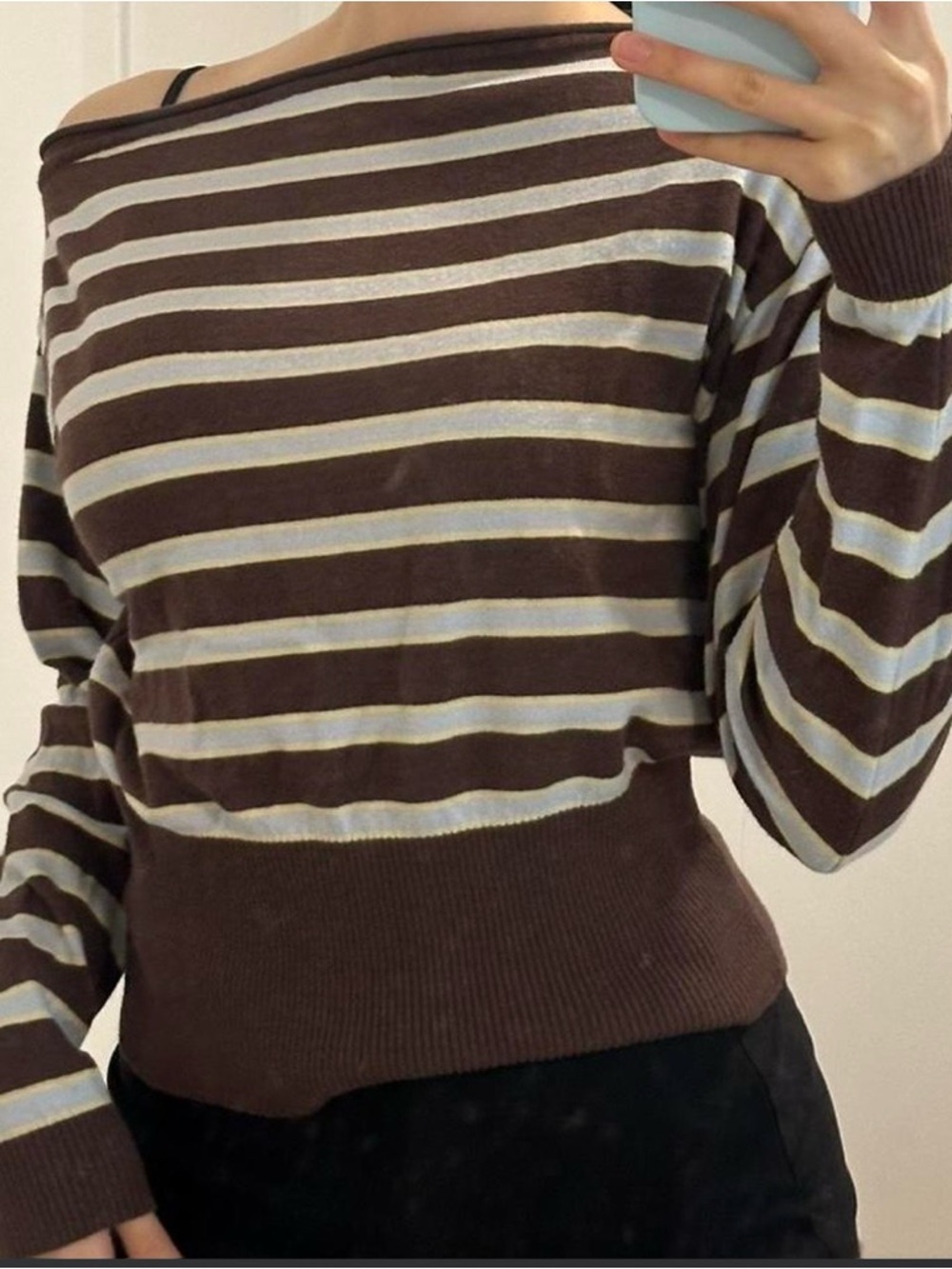 Princess Polly Brown and Cream Striped Off-Shoulder Sweater